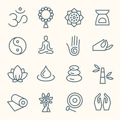 yoga and meditation related icons in thin line art style, such as lotuses, candles, chakragrams, symbols