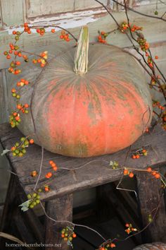 a large pumpkin sitting on top of a wooden bench