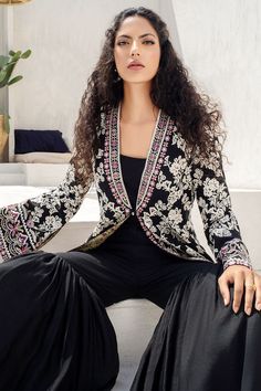 Black Embroidered Khaddi Curdoroy Front-Open Short Jacket – Sania Maskatiya International Luxury Festive Nehru Jacket With Dabka Work, Designer Jackets For Women Fashion, Luxury Front Open Nehru Jacket For Festive Occasions, Luxury Front-open Nehru Jacket For Festive Occasions, Indian Jackets For Women, Cropped Jacket Outfit, Indian Jackets, Gown With Jacket, Long Jackets For Women