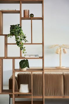 a living room filled with furniture and a plant on top of a wooden shelf next to a couch