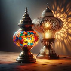 two colorful lamps sitting on top of a wooden table next to a shadow cast wall