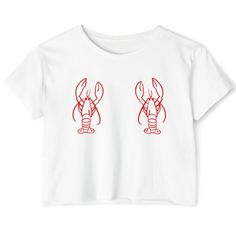 A Long Island (& Maine!) favorite! This unique lobster racerback tank top will make you smile and can be a great idea to show off your hometown pride & sassy side. This Double Lobster tank has been designed for enjoying your favorite lobster roll in Montauk! SIZING & MATERIALS- Women's sizing- 60/40 combed ring-spun cotton/polyester- Drop shoulder sleeve with ribbed cuffs & collar CARE INSTRUCTIONS:- Machine wash inside out cold with like colors- Tumble dry low or hang to dry- Do not iron direct Hes Her Lobster, Bachelorette T Shirts, Lobster Shirt, Drop Shoulder Sleeve, Bachelorette Tshirts, Hometown Pride, Lobster Roll, White Crop Top, You Smile