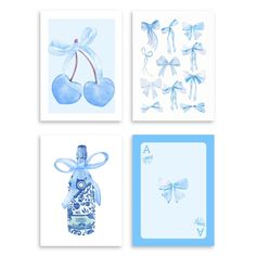 four cards with blue and white designs on them, one has a bottle in the shape of a bow