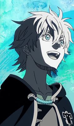 an anime character with white hair and blue eyes looking at the camera while standing in front of water