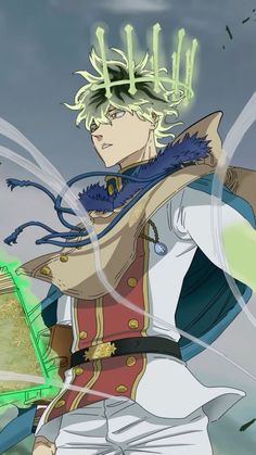 an anime character with blonde hair and blue eyes holding a green object in his hand