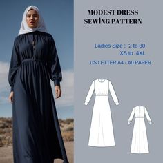 the modest dress sewing pattern is available in sizes xs to xxl and has long sleeves