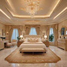 a luxurious bedroom with white furniture and chandelier