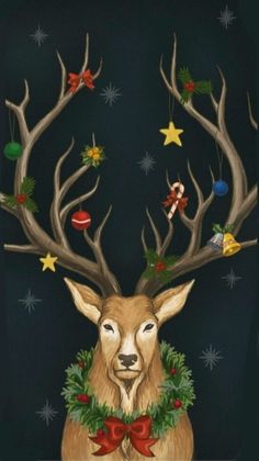 a painting of a deer with christmas decorations on it's antlers