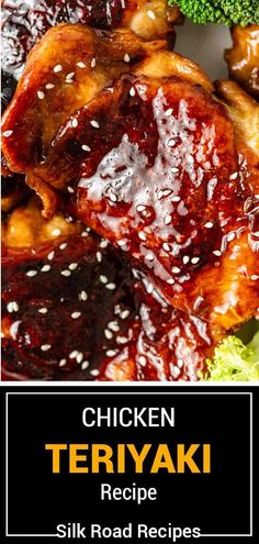 chicken teriyaki recipe on a plate with broccoli and sesame seed seeds