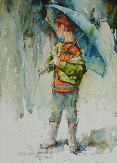 a painting of a boy holding an umbrella