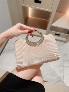 Elegant Women's Pleated Satin Clutch With Clip, Luxurious Sparkling Rhinestone Decoration, Evening Party Bag, Prom Clutch, Handbag, Bridal Clutch, Chain Shoulder Bag, Crossbody Bag, Wedding Bag, Dance Party Handbag Apricot Glamorous   Satin Plain Square Bag   Women Bags, size features are:Bust: ,Length: ,Sleeve Length: Prom Clutch, Wedding Handbag, Satin Clutch, Bridal Clutch, Party Bag, Dance Party