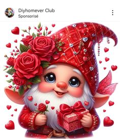 a cartoon gnome holding a box with roses on it