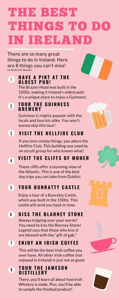 the best things to do in ireland info sheet with instructions on how to drink and what to eat