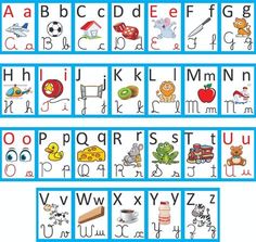 a set of alphabets with pictures of animals and letters