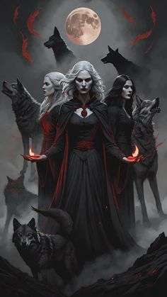 a group of witches standing in front of a full moon with wolfs around them