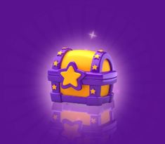 a purple and yellow toy chest with stars on it's lid, against a purple background