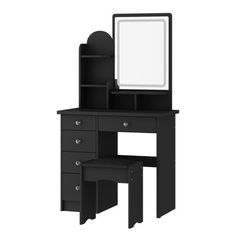 a black vanity with mirror and stool