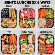 the bento lunchbox 6 ways is full of healthy food, including meats, veggies and fruit