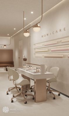 a room with several chairs around a table and bottles on the wall behind it that says mono care