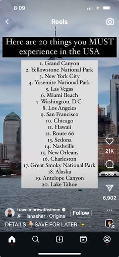 an iphone screen with the text here are 20 things you must experience in the usa