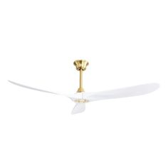 a white ceiling fan with a light on it's blades and a gold finish