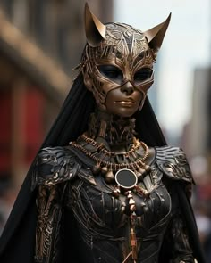 a close up of a person wearing a cat mask and black outfit with gold accents