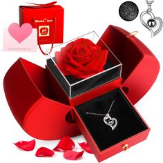 PRICES MAY VARY. 【Preserved Real Rose】 What could be more attractive to women than these two things? Preserved red rose gift box is a romantic gift with unique design, meaning unique love. The preserved real rose never withers, forever rose, meaning eternal love. The preserved red roses gift box symbolize romantic love, harmonious family and close friendship. Preserved roses can be stored for 3-5 years without watering and management 【I Love You Necklace 100 Languages】 Unique design heart-shaped Rose Meaning, Rose Gifts, Roses Gift, Heart Shaped Pendant Necklace, Forever Rose, Real Rose, Preserved Roses, Red Gift, Rose Gift