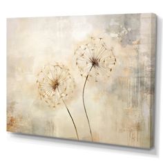 two dandelions on a white and beige background canvas wall art print, ready to hang