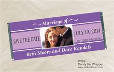 a purple and white ticket for a wedding with a photo on the front, and text that reads marriage of save the date