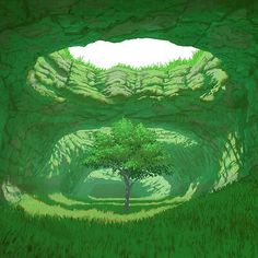 an image of a tree in the middle of a tunnel with grass on both sides