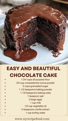 a chocolate cake on a white plate with the words easy and beautiful chocolate cake