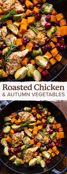 A pin with two images - the top is a close up of roasted chicken thighs and assorted vegetables in a black pan. The bottom image is the same of black pan chicken and assorted vegetables on a wooden board. In the between the two images are the words "roasted chicken & autumn vegetables". Roasted Chicken And Butternut Squash, Chicken Thigh Butternut Squash, Autumn Chicken Dinner With Roasted Vegetables, Friendsgiving Recipe, Roasted Brussels Sprouts And Maple Cinnamon Butternut Squash, Roasted Brussel Sprouts Cinnamon Butternut Squash Pecans And Cranberries, Butternut Squash Tart, Chicken With Butternut Squash, Dijon Chicken Thighs