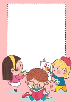 two girls and a boy are looking at an art project on a pink background with a white frame