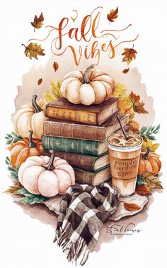 a watercolor painting of books, pumpkins and a cup of coffee with the words fall vibes written on it