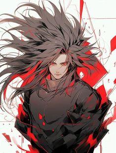 an anime character with long hair standing in front of red and white paint splatters