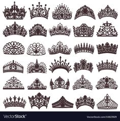 a large collection of crowns and tiaras in silhouettes on white background stock photo