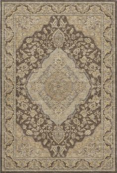 a brown and beige rug with an ornate design