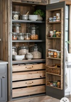 an open pantry with lots of food in it