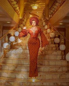 Burnt Orange Asoebi, Orange Asoebi, Ankara Wrap Dress Styles, Orange African Dress, Asoebi Styles Lace, Pencil Gown, Lace Asoebi Styles, Yoruba Bride