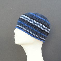 "I hand crocheted this hat with soft cotton yarn- it is made for those of you who prefer their beanies 'skull cap' style, measuring 7\" long and only just covering your ears...this will fit (or stretch to fit) most average size heads (20\"- 23\" in circumference)- please contact me if you would like a custom size. 7\"= 17.78 centimeters long 20\"- 23\"= 50.80- 58.42 centimeters in circumference this beanie was made with care, attention to detail and nice quality cotton yarn which will keep you w Crochet Skull Cap, Mens Crochet Beanie, Crochet Mens Hat, Stripe Crochet, African Hats, Crochet Men, Crochet Skull, Handmade Hats, Spring Hats