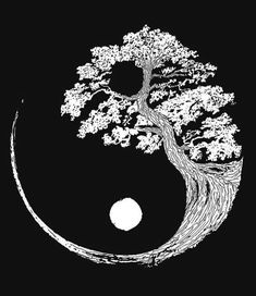 a black and white drawing of a tree in the shape of a yin - yang