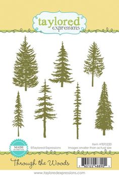 the taylored expressions clear stamps set is shown with pine trees in different sizes and colors