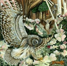 a painting of an owl in the middle of some flowers and plants with a barn in the background