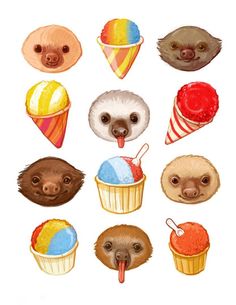 an illustration of different animals with ice cream cones and lollipops on them