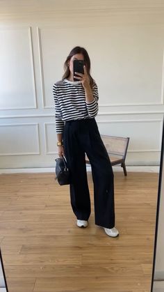 Stripe Top Outfit Winter, Street Spring Outfits, Size 8 Work Outfits Women, Black Stripe Top Outfit, Office Wide Leg Pants Outfit, Colorful Minimalist Outfits Women, Tailored Trousers Outfit Casual, Outfit With Striped Shirt, Stripe Dress Outfit Summer