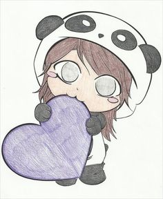 a drawing of a girl holding a heart with panda ears on her head and wearing a panda hat