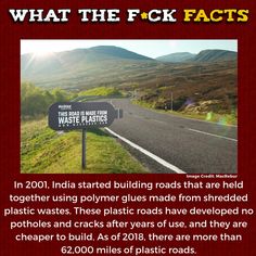 a road sign with the words what the f k facts on it and an image of mountains in the background