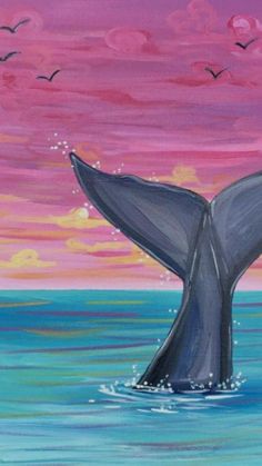 a painting of a humpback whale in the ocean with pink and blue clouds