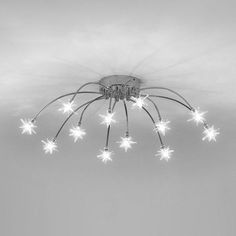 a spider is hanging from the ceiling with white stars on it's back legs