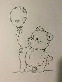 a drawing of a teddy bear holding a balloon